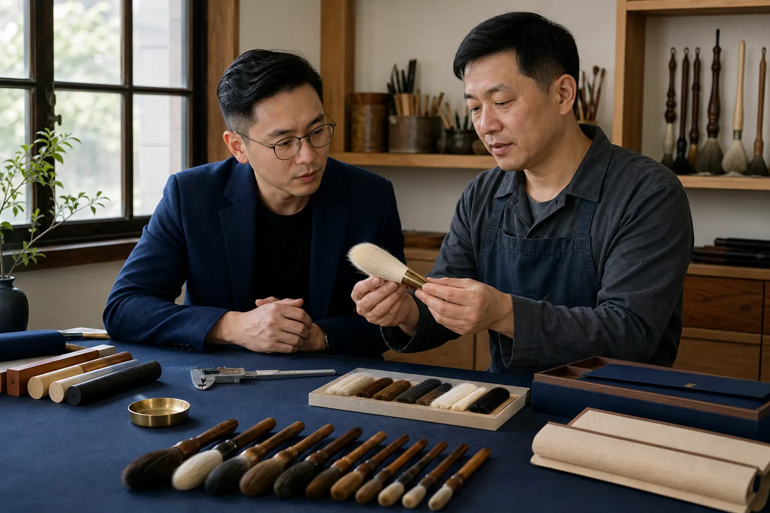 台中客製毛刷工廠技師與採購者共同檢視毛刷樣品